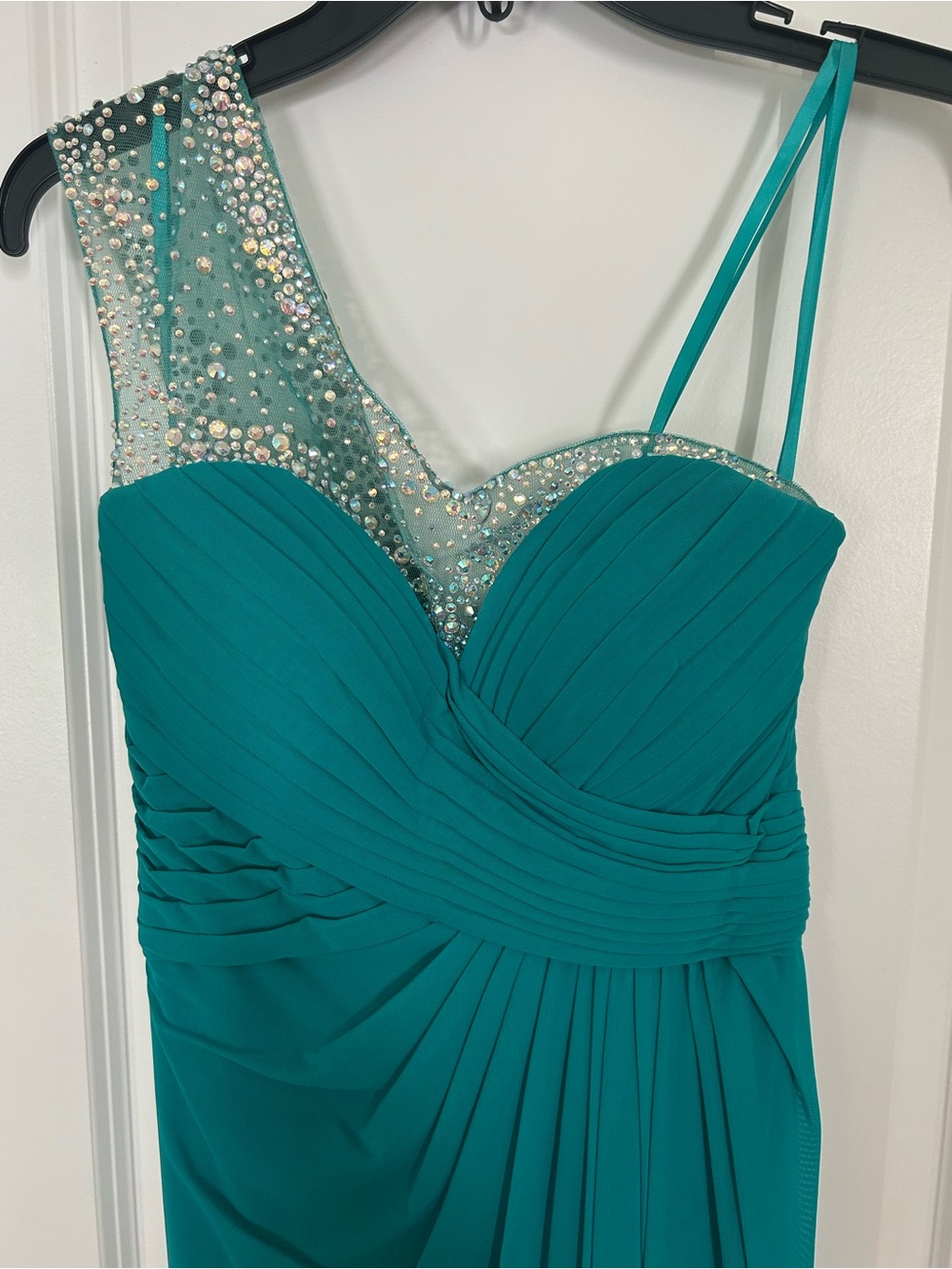 La Femme Teal One-Shoulder Evening Gown with Crystal Bodice